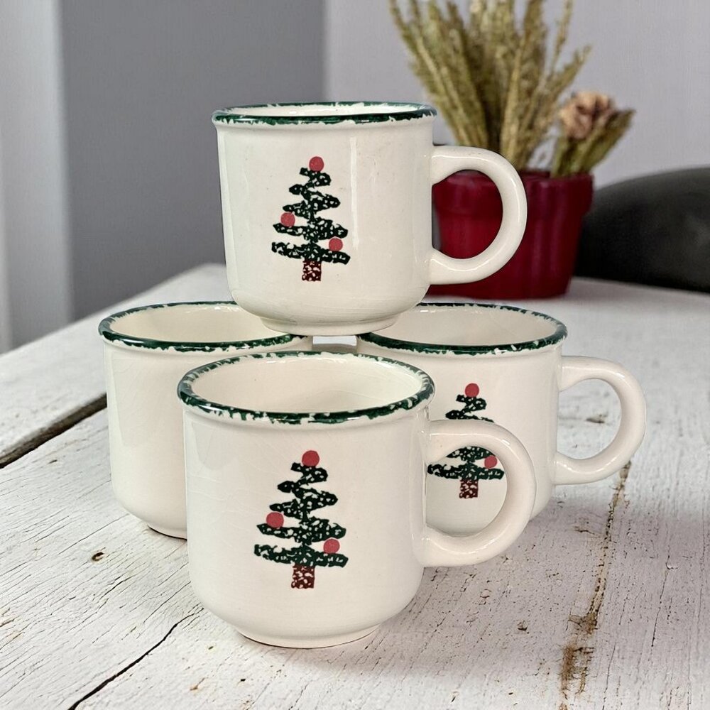 Furio Holiday Coffee Mugs Green Sponge Christmas Tree Italy Set/4 Vintage